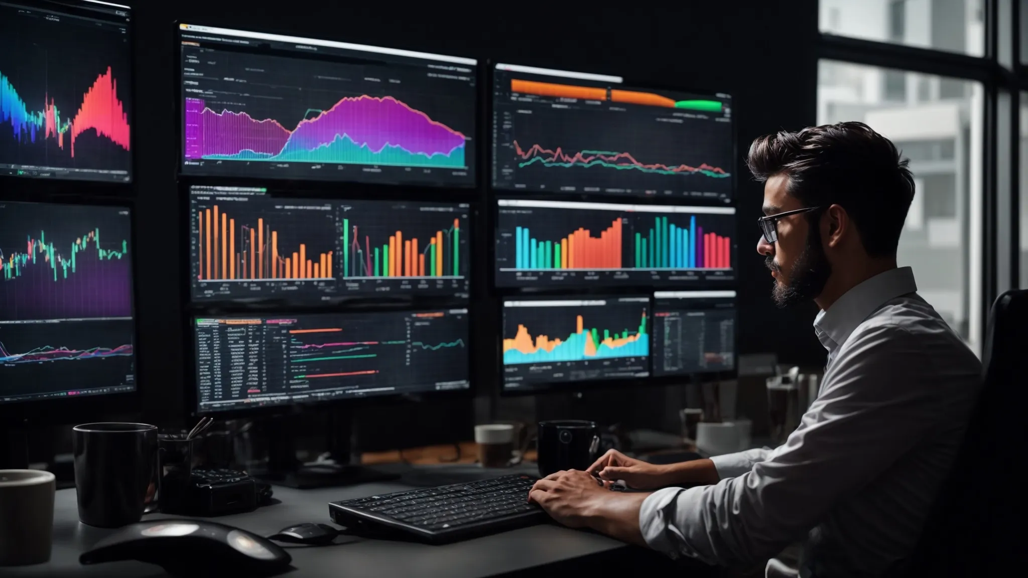 a person sitting at a desk with multiple computer monitors displaying colorful graphs and website analytics.
