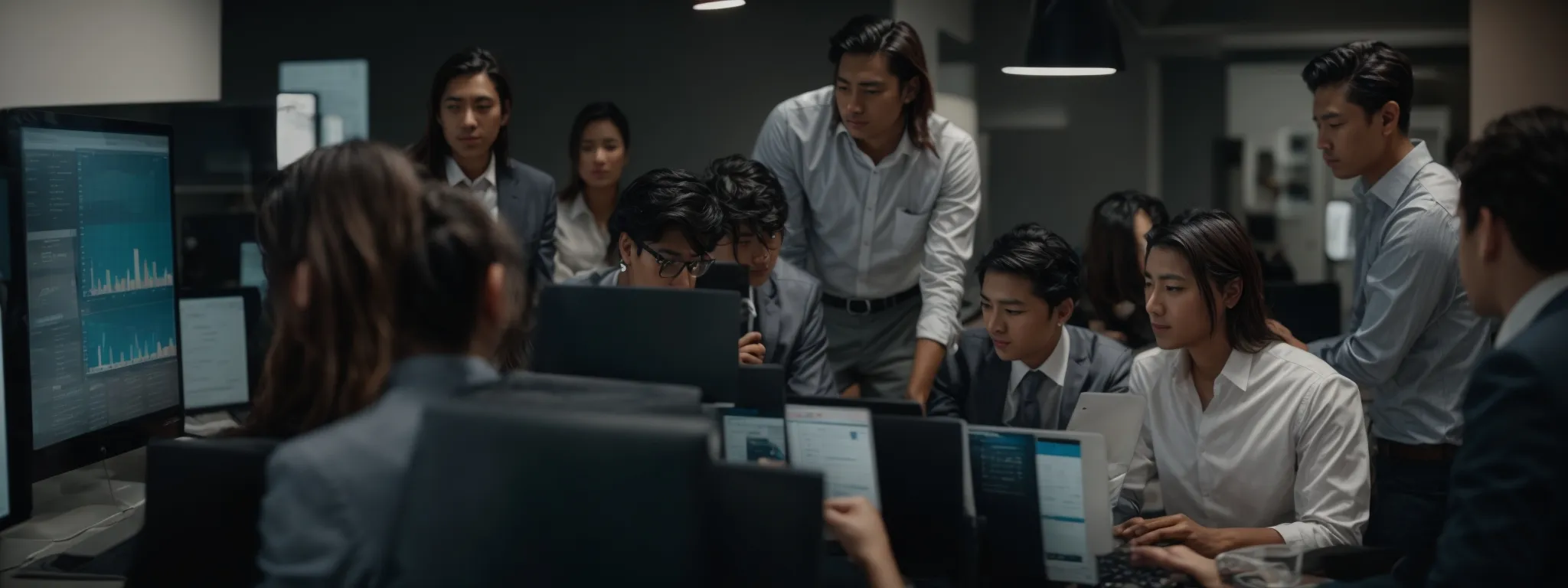 a group of young professionals gathered around a computer, discussing strategies and analyzing data on a screen displaying a website's analytics dashboard.