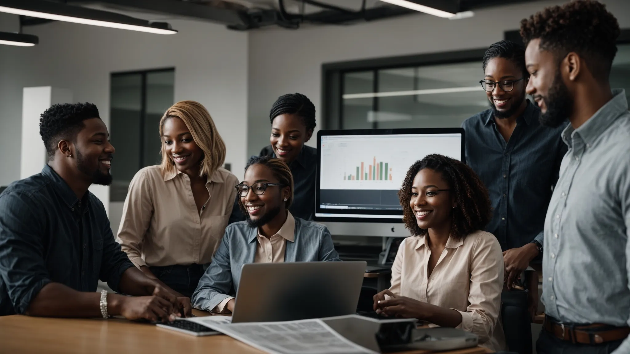 a group of diverse professionals excitedly discussing strategies around a computer in a modern office with a growth chart on the screen.