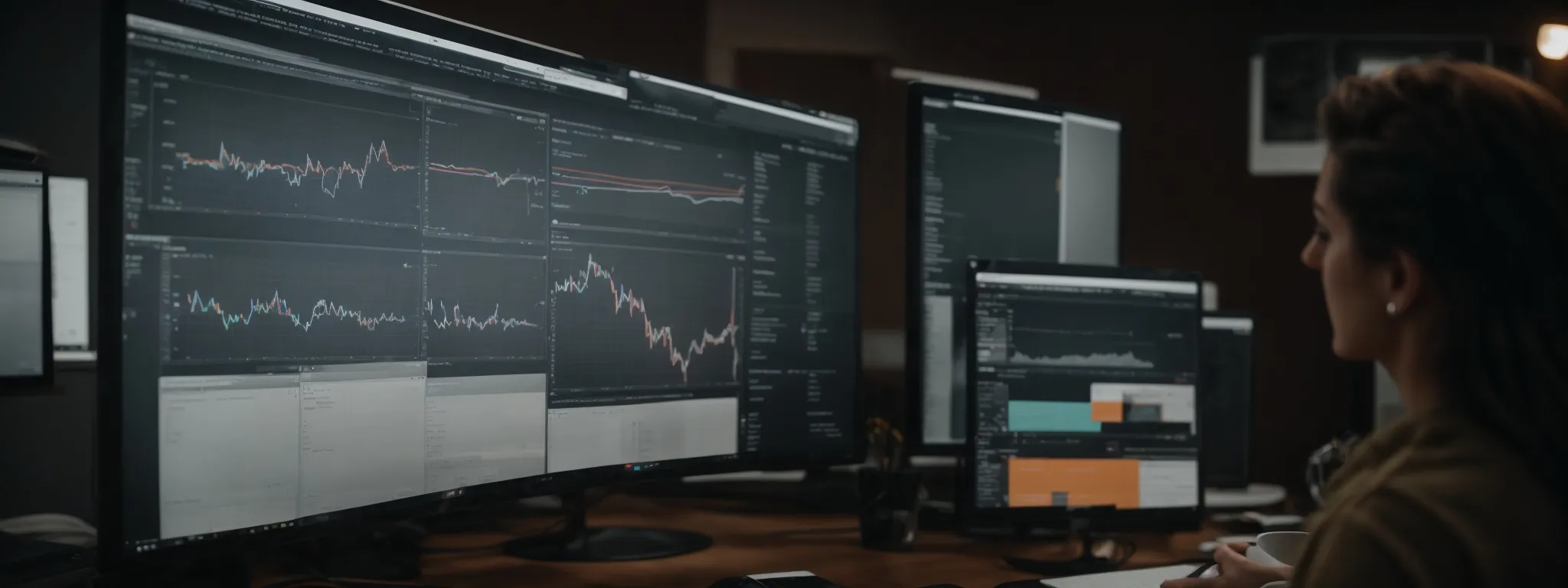 a digital marketing team analyzes a website's interface on a large monitor, strategizing over seo elements.
