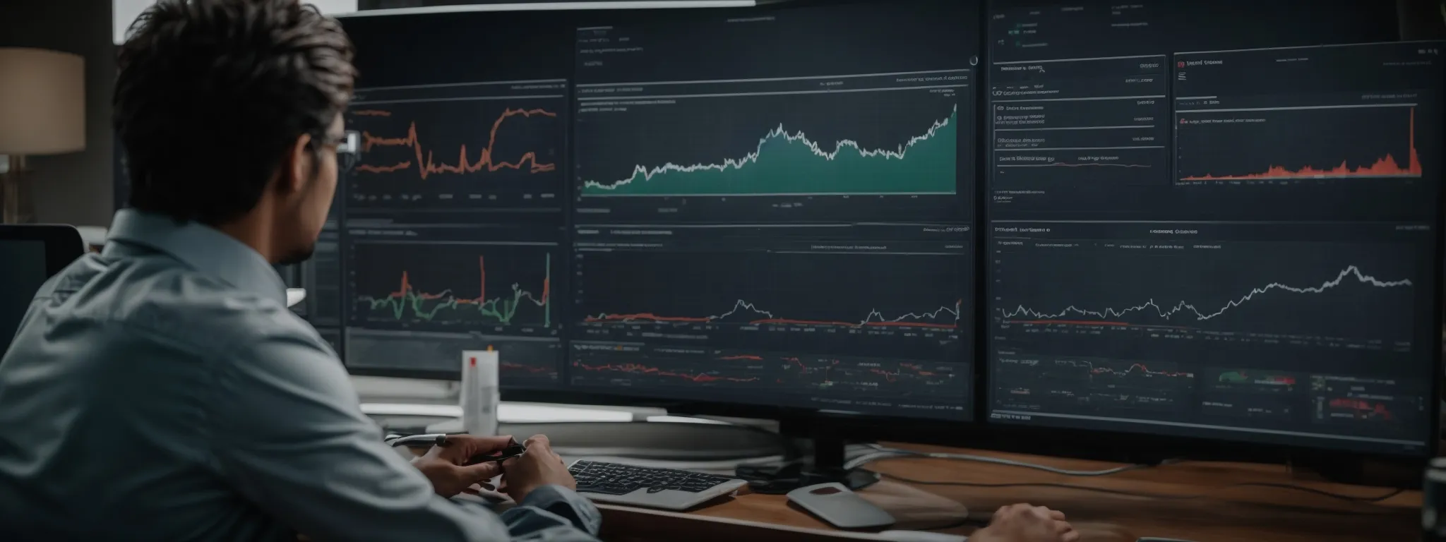 a person looking at a comprehensive seo analysis dashboard on a monitor with graphs and website statistics.