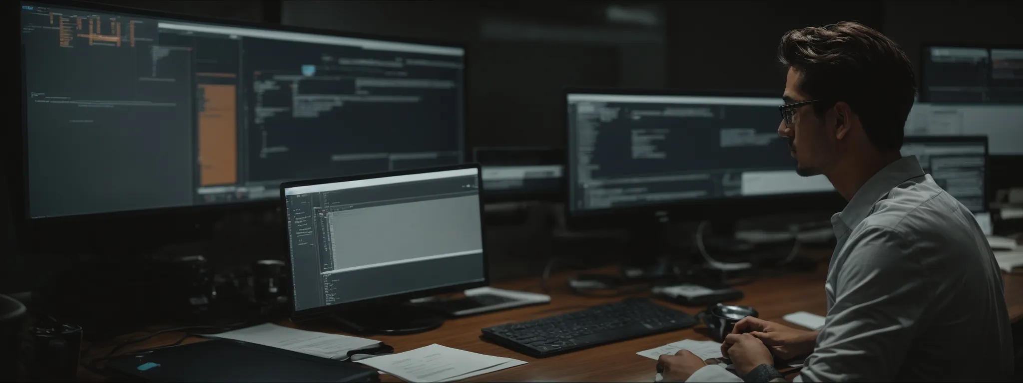 a web developer sits at a spacious desk, intently analyzing seo data on a computer screen while adjusting settings in a cutting-edge wordpress extension interface.