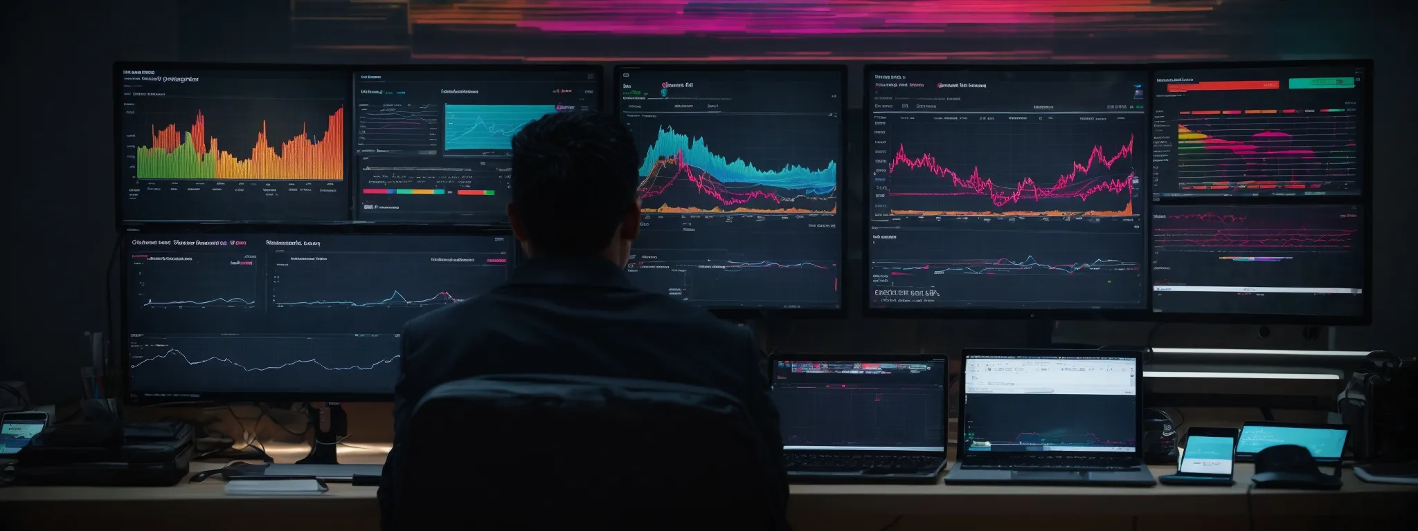 A person sits at a desk facing multiple monitors displaying various graphs, charts, and financial data in a dark room.