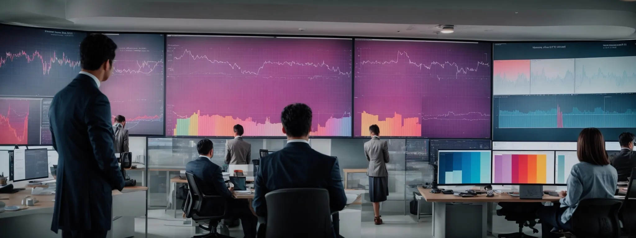 a group of professionals intently studies a large screen displaying colorful heatmaps and data charts within a modern office.