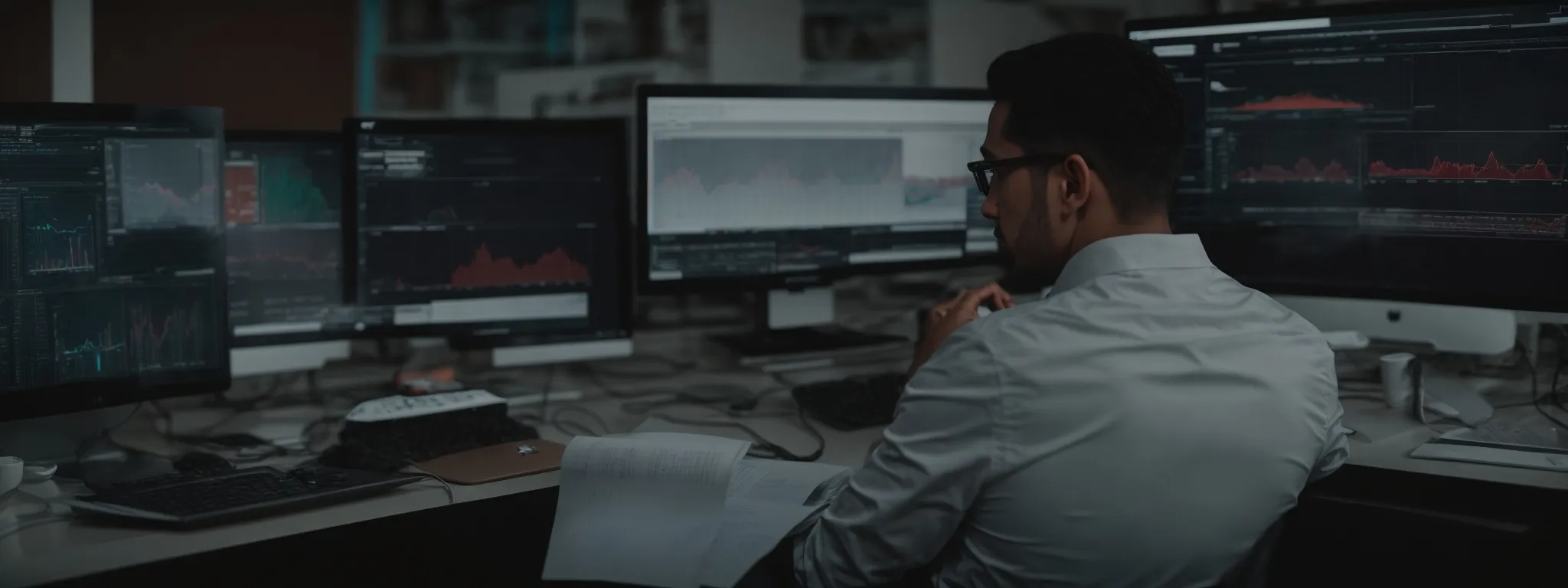 a designer intently focuses on a computer screen, adjusting a web interface layout amidst graphs indicating website performance metrics.