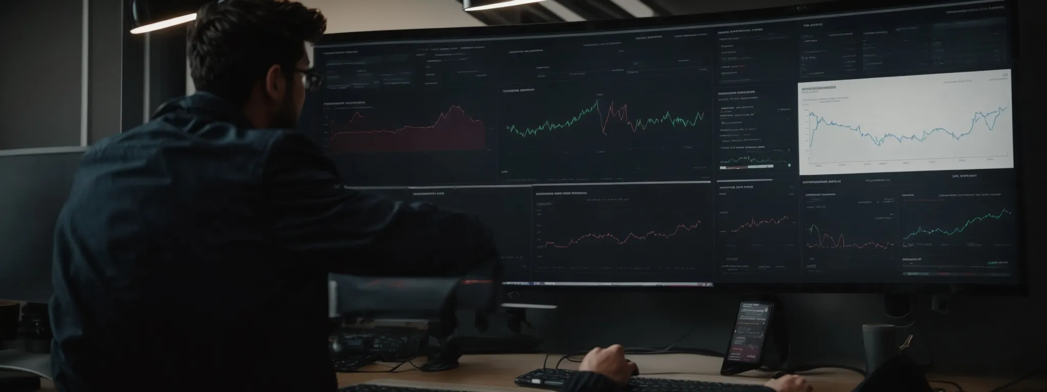 a strategist adjusts a marketing dashboard displaying graphs that reflect website traffic and conversion rates.