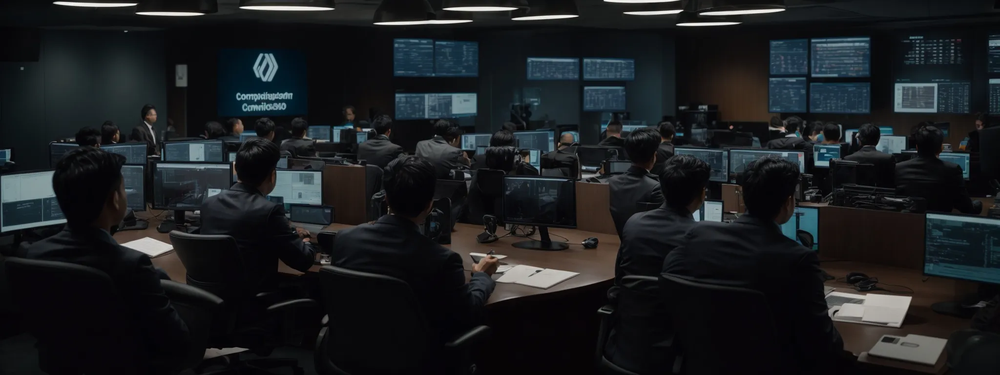a team gathered around a strategizing session with multiple computer screens displaying the same company logo.