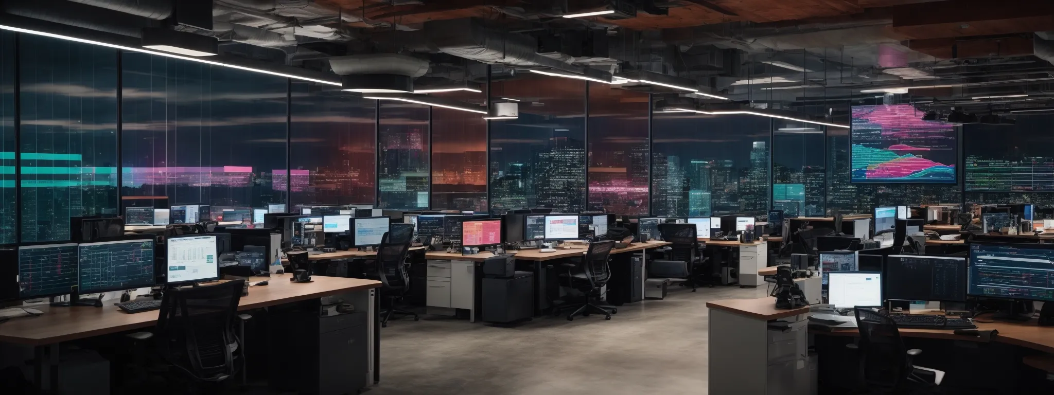 a modern office with multiple computer screens displaying colorful graphs and charts.