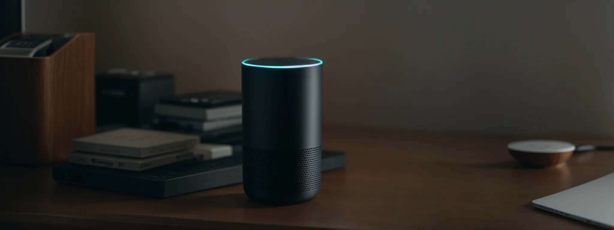 a person speaking to a smart speaker on their desk, illustrating the use of voice search technology.