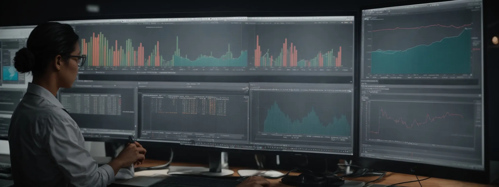 a determined marketer is analyzing expansive spreadsheets and graphs on a computer screen, exploring keyword analytics for seo optimization.
