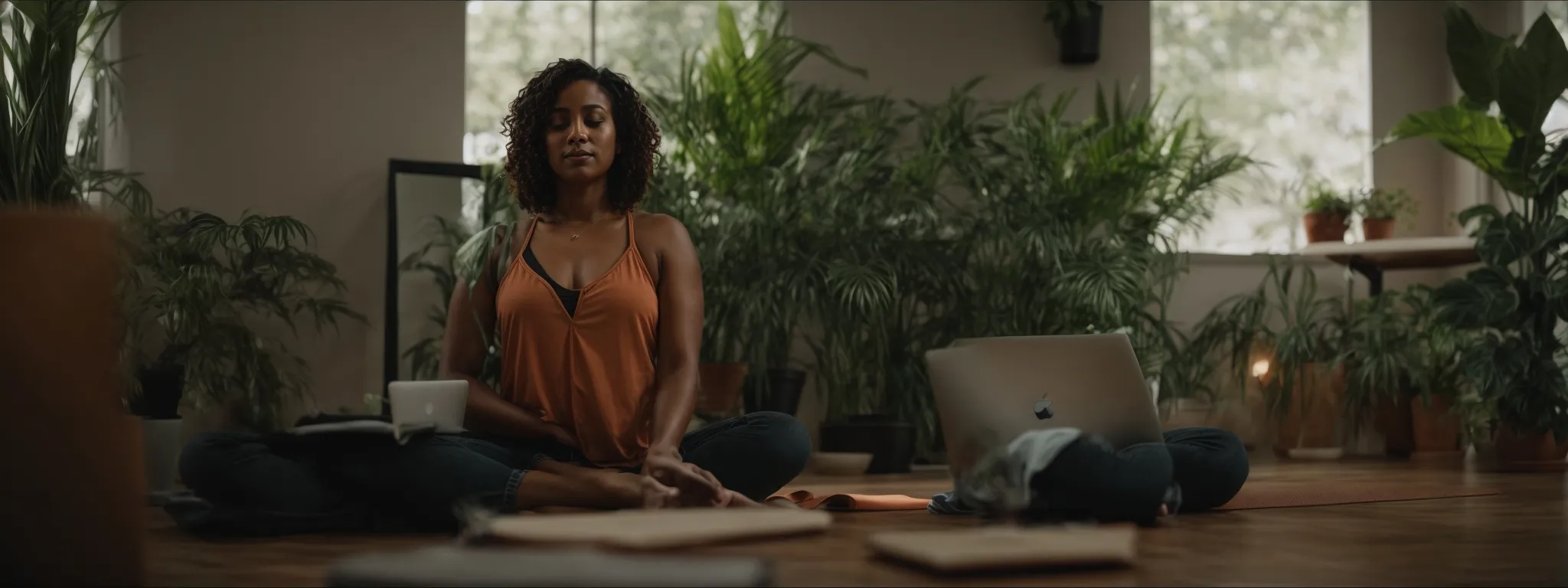 a yoga studio owner attentively participates in an seo webinar on a laptop in a peaceful, plant-filled room.