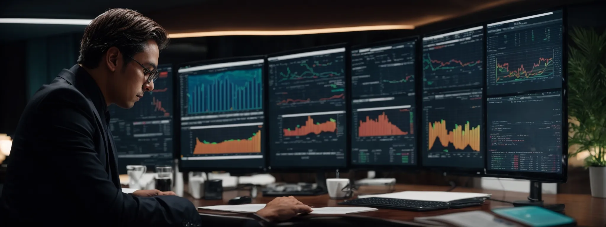 a hotel manager is intently studying vibrant analytics dashboards on a computer screen showing website traffic performance.