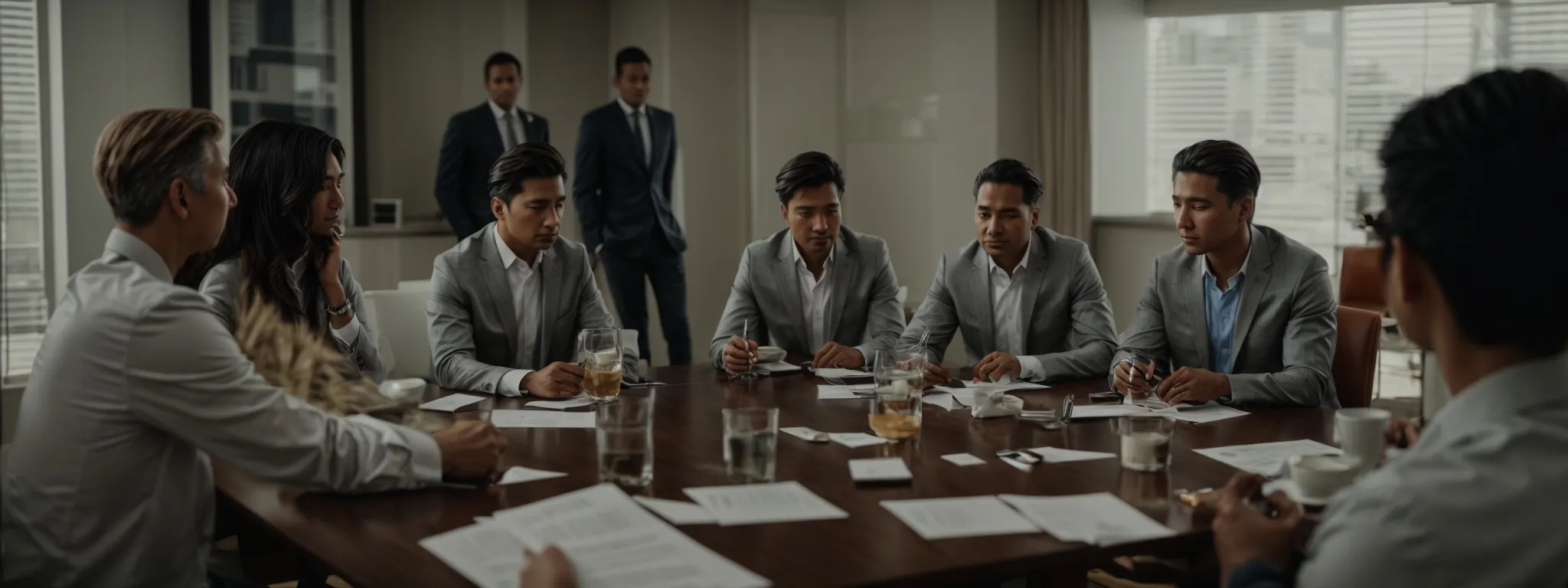A group of people in business attire sit around a conference table, engaged in a meeting with papers, drinks, and pens in front of them. Two people stand in the background.