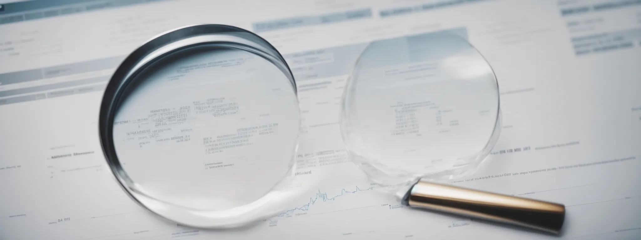 Two magnifying glasses rest on top of financial documents with charts and data in the background.