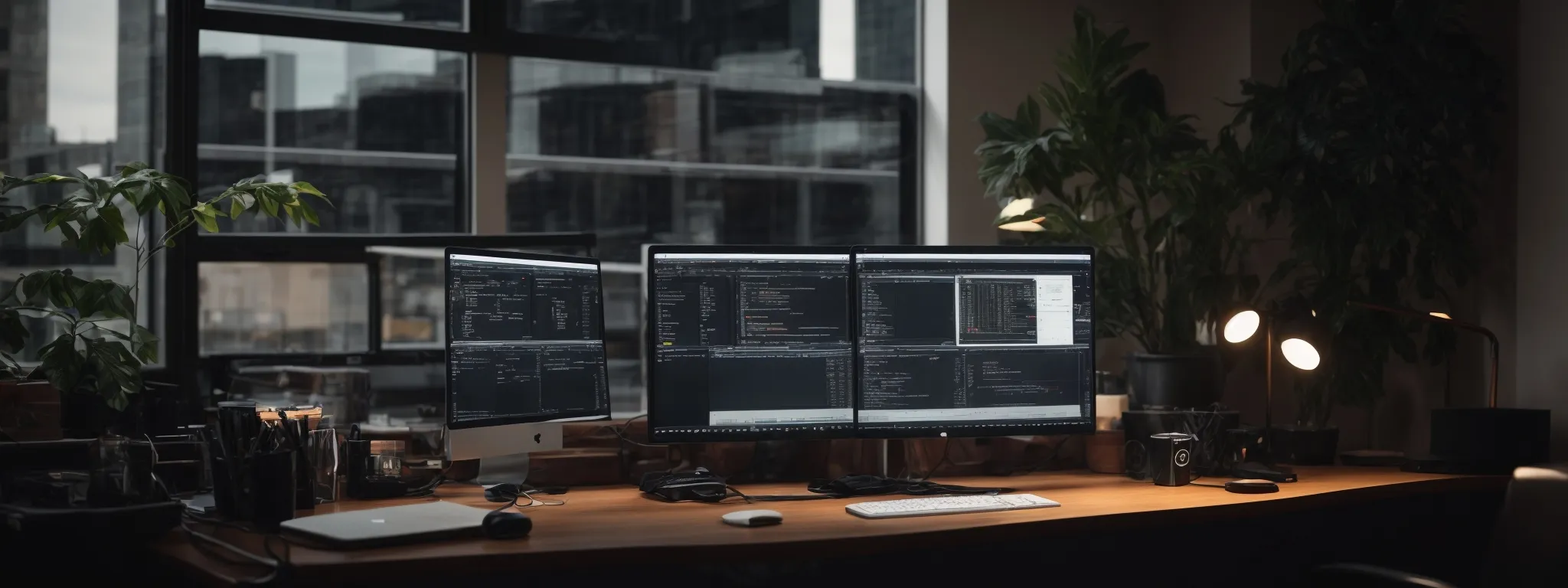 a clean, modern workspace with a dual computer setup, indicative of a tech-savvy seo professional optimizing content.