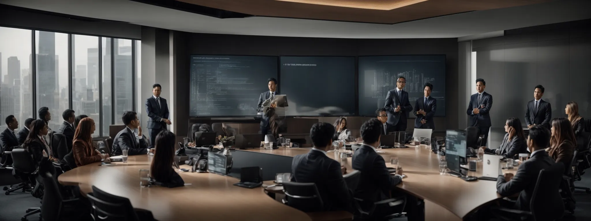 a diverse team of professionals gathers around a modern conference table, focused on a large presentation screen, indicating the alignment and planning of marketing objectives.