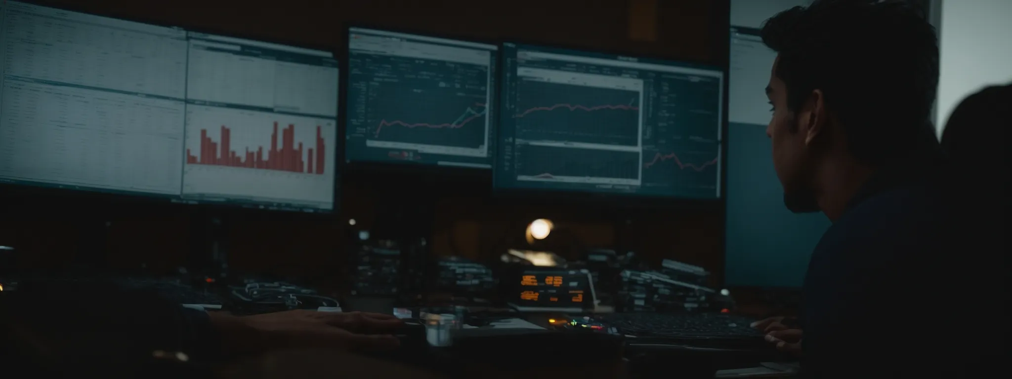 a person sits in front of a computer screen, analyzing charts and graphs that represent website content performance metrics.
