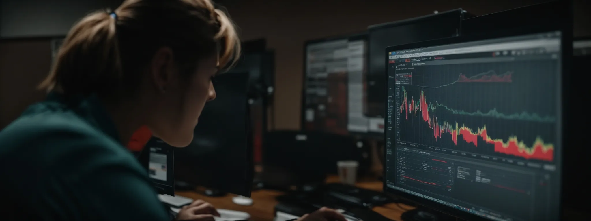 a marketing professional thoughtfully analyzes a graph on a computer screen showing email campaign performance.