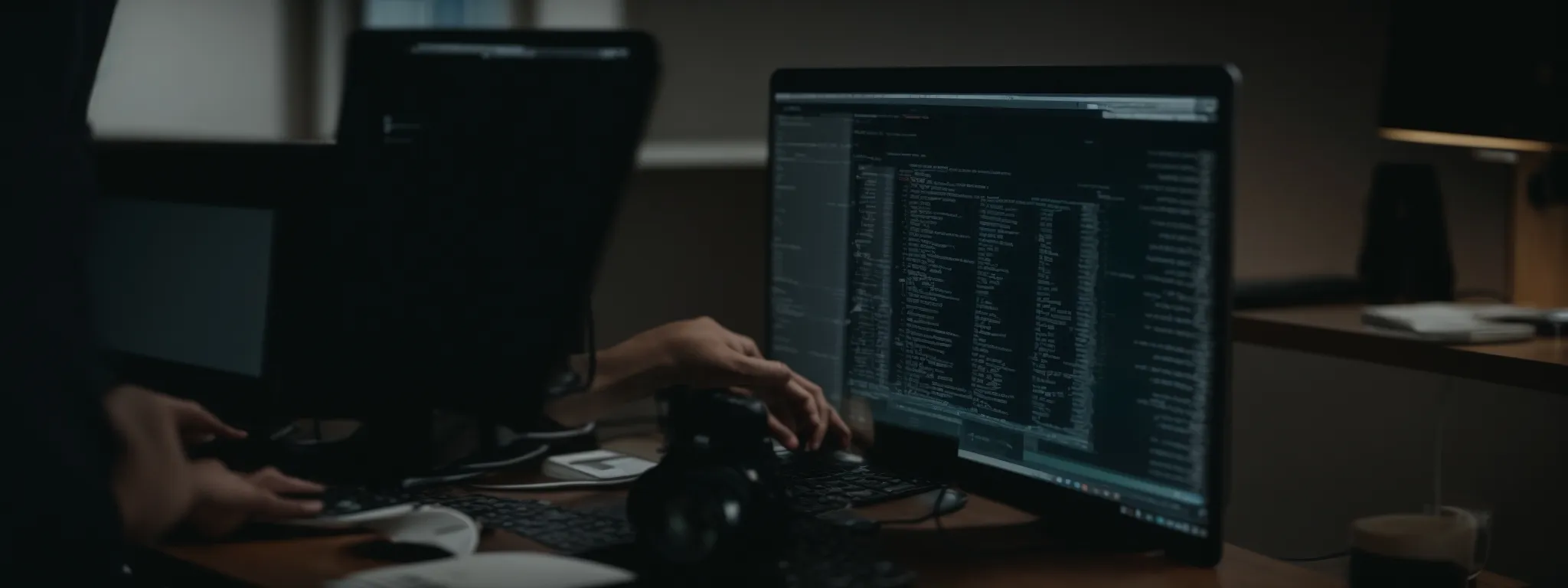 a professional seated before a laptop, scrutinizing lines of code on a website security interface.