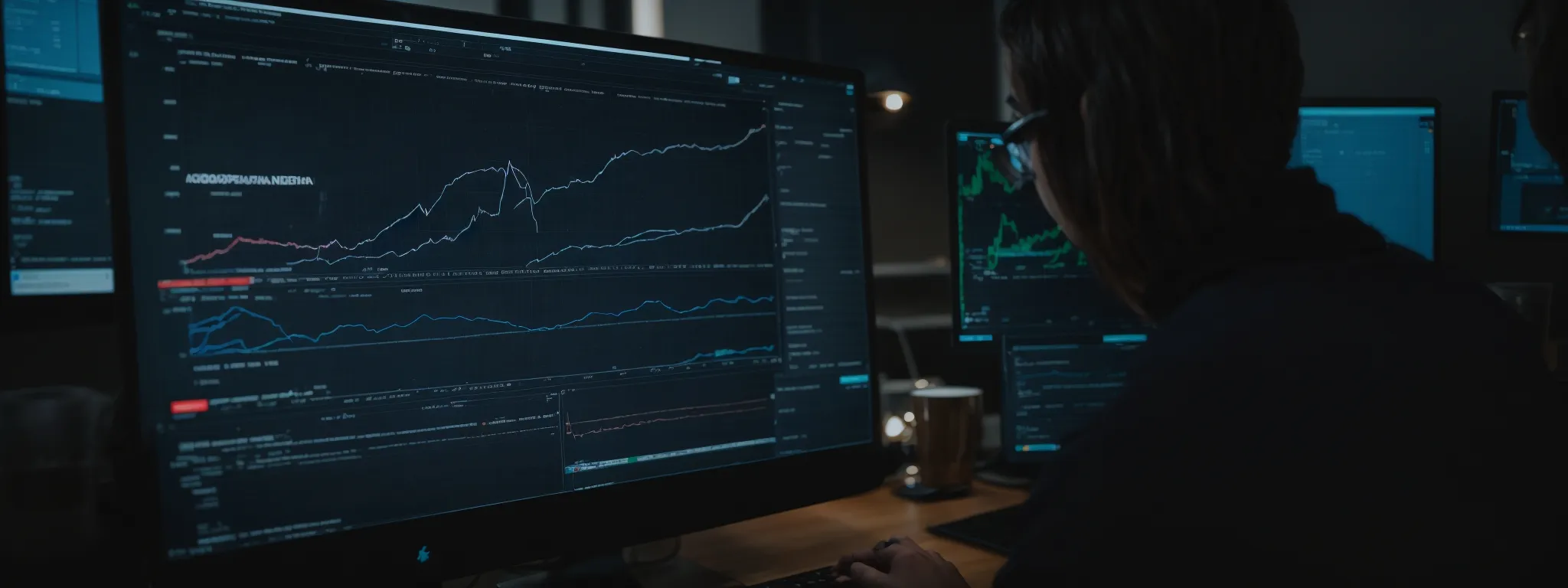 a person analyzing complex graphs on a computer screen displaying website traffic trends.