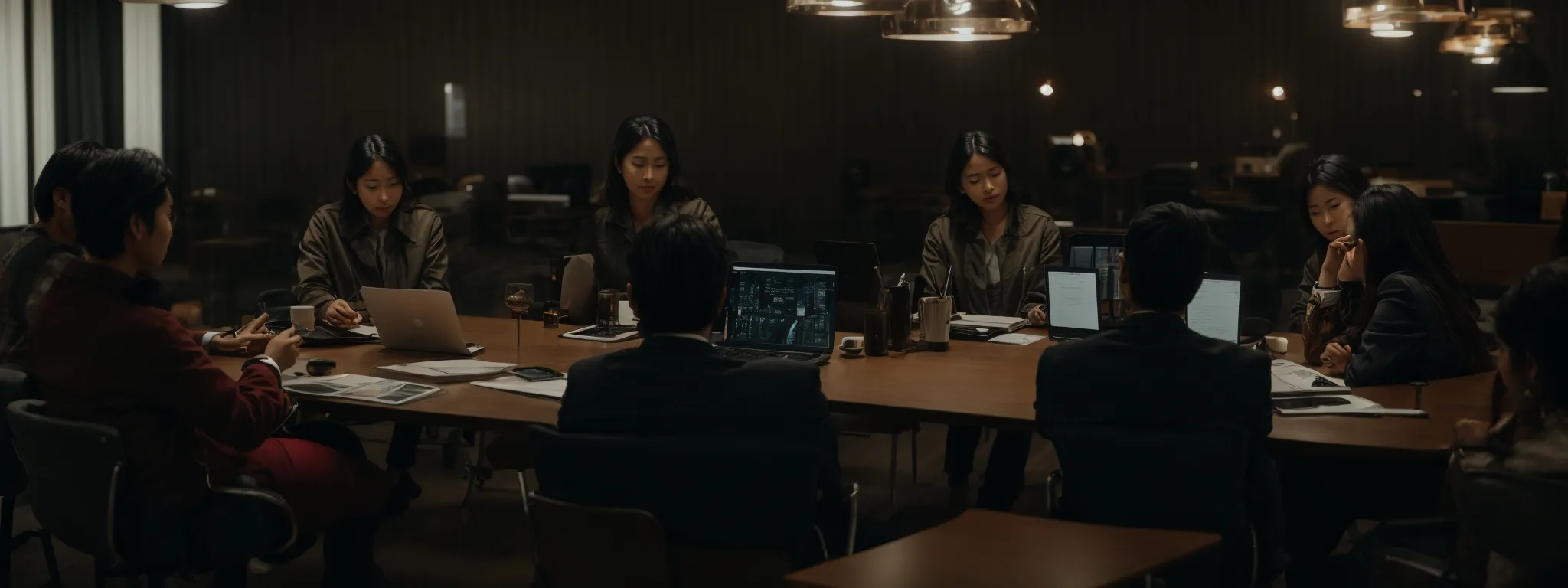 a group of professionals gather around a table with laptops and digital devices, engaging in a collaborative brainstorming session.