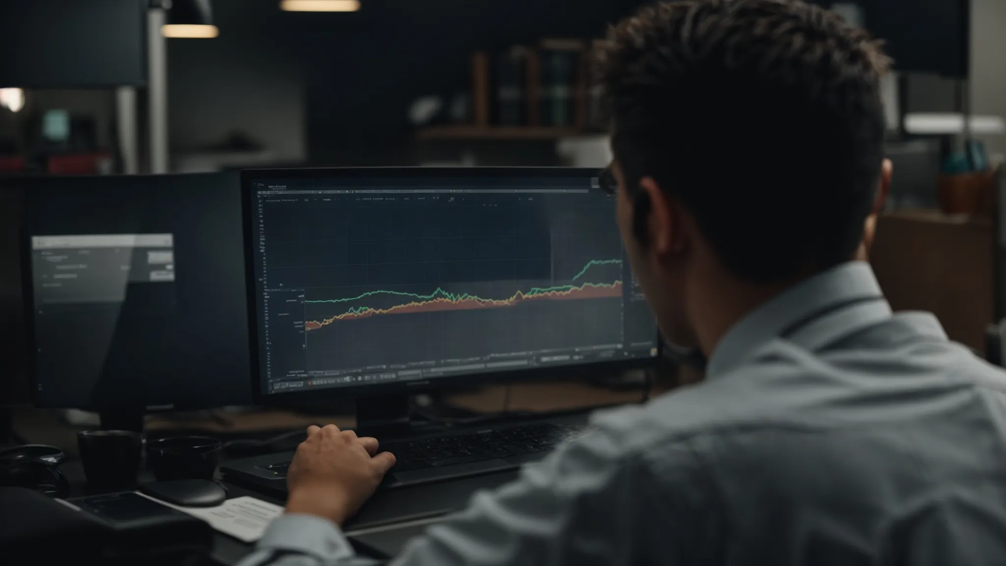 a person analyzing data trends on a computer in a modern office environment.