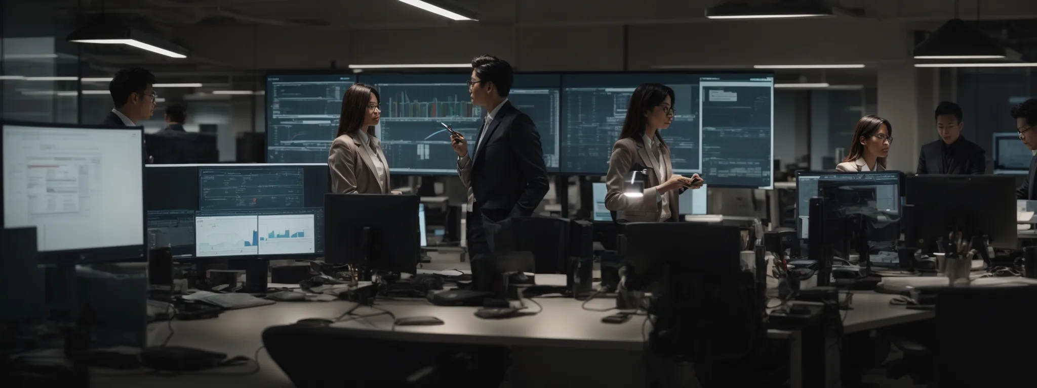 a team of professionals in a dynamic office setting analyzes data on a digital interface, strategizing their next content marketing move.