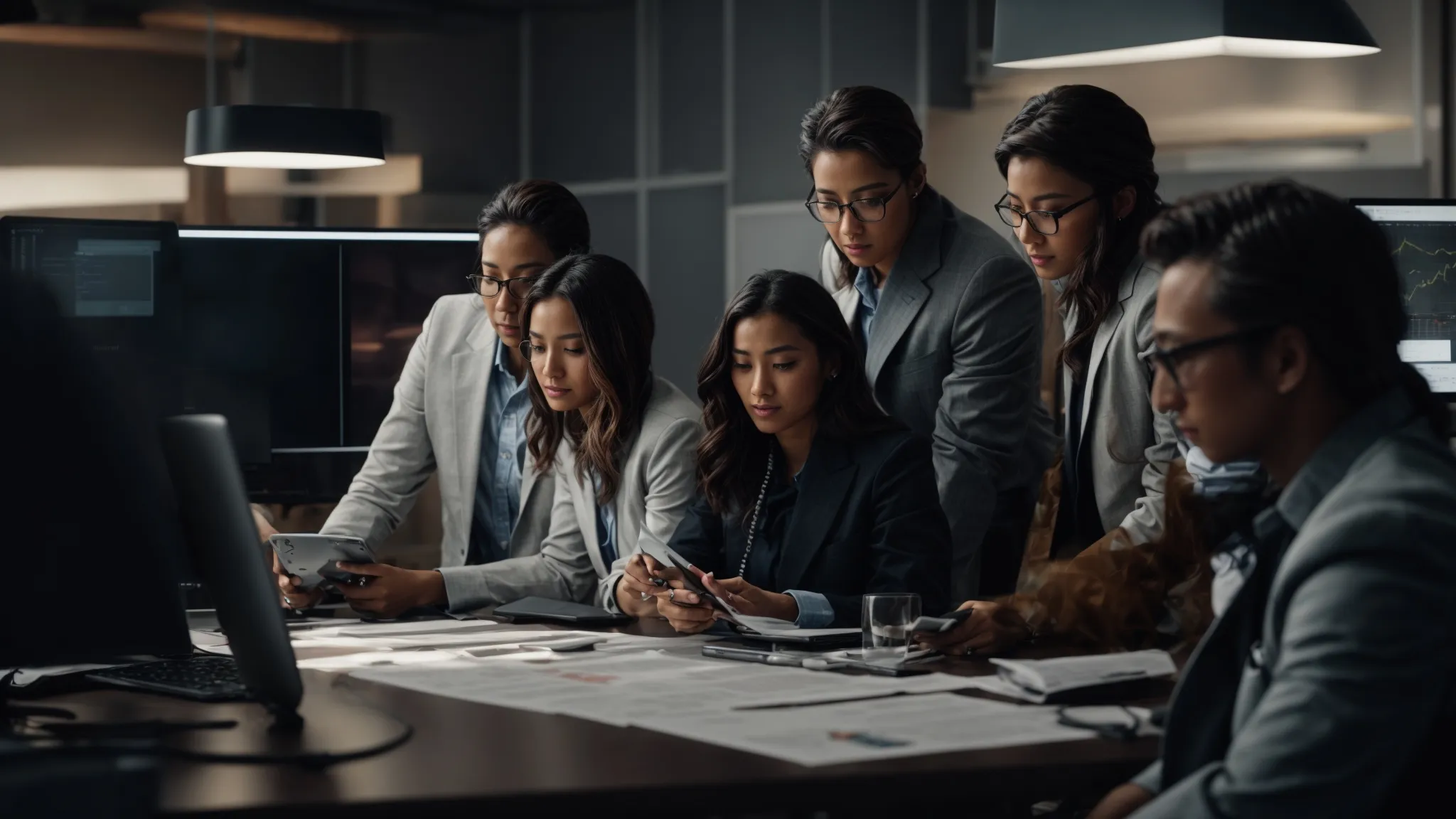 a group of professionals gathered around a computer, analyzing graphs and strategizing on a digital marketing campaign.