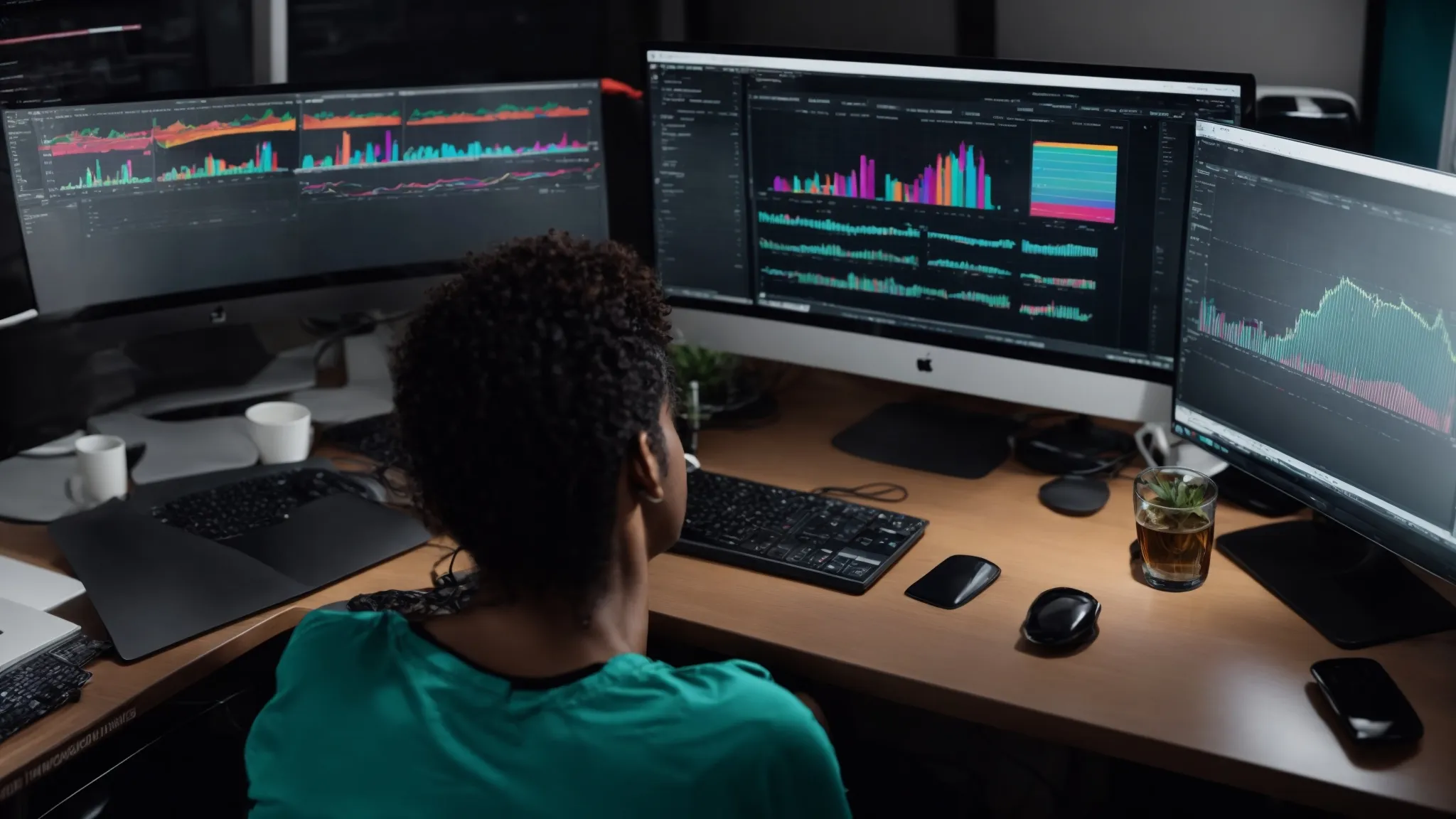 a person sits at a clutter-free desk using a computer to analyze colorful graphs and charts on digital marketing performance.