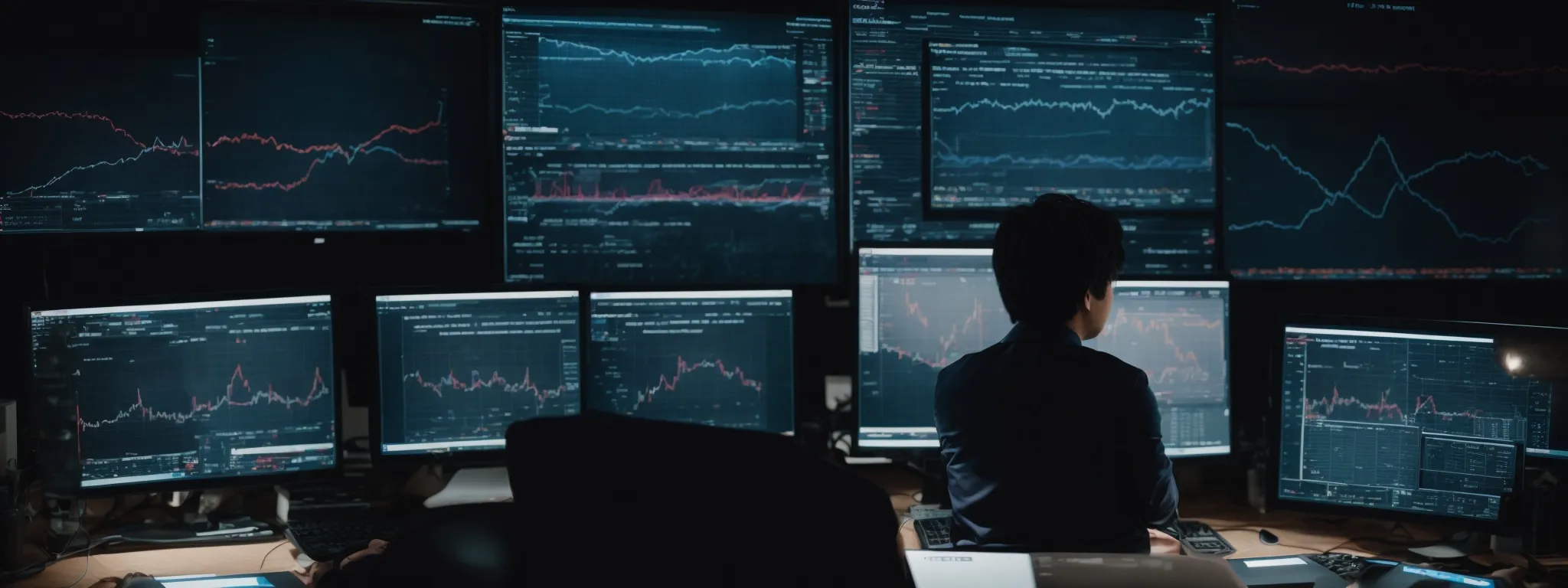 a focused individual in front of multiple computer screens showing graphs and network diagrams.