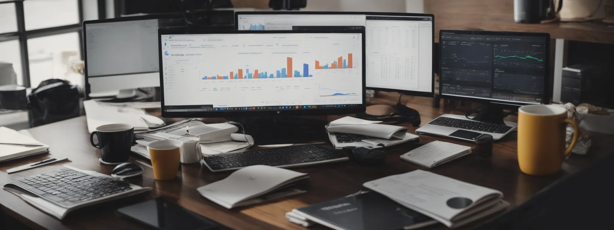 a person sits at a computer reviewing charts and graphs depicting google ads performance analytics for keyword optimization.