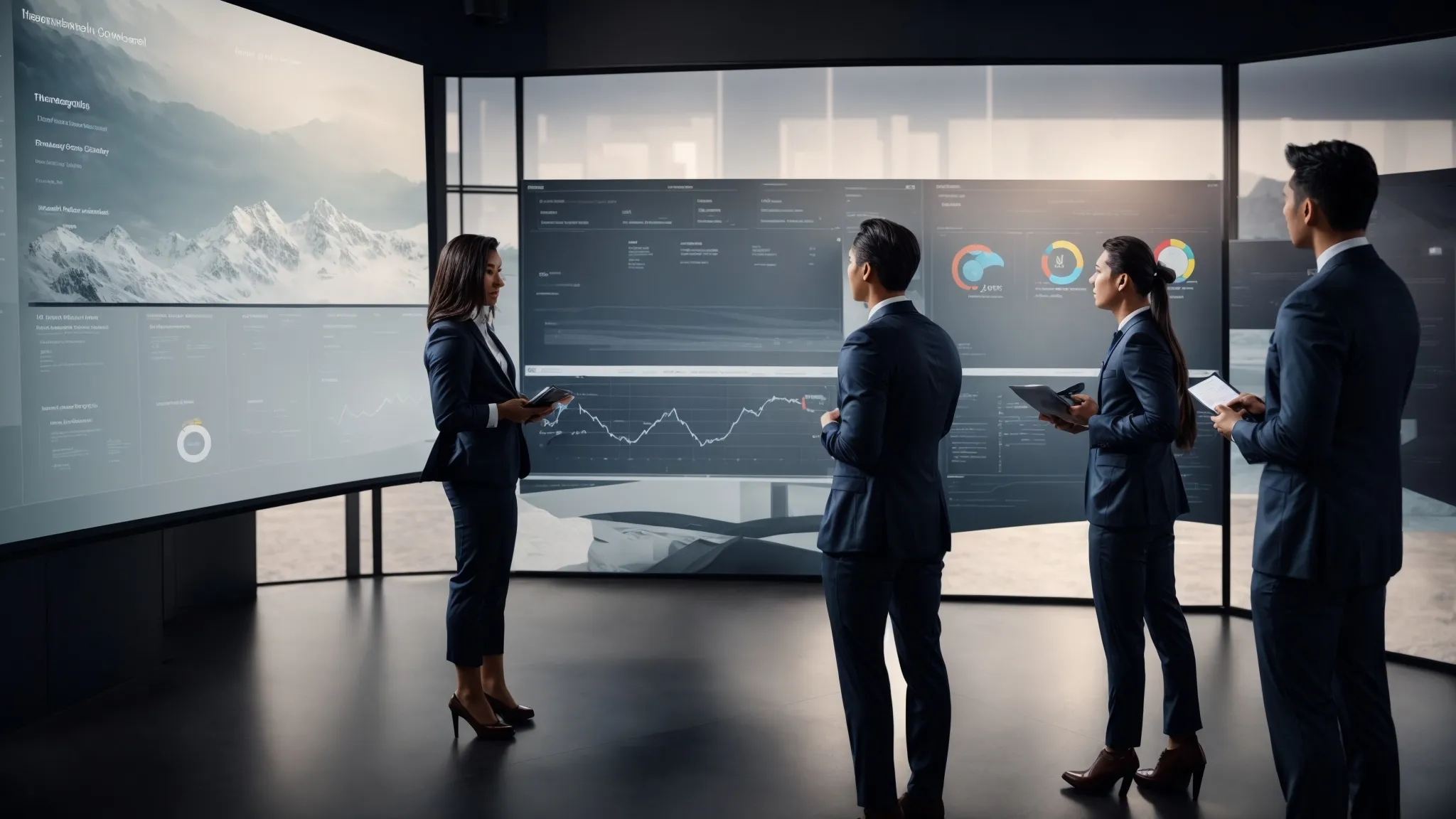 a professional consultant presents a digital marketing strategy to a team using a large interactive screen with website analytics visible.
