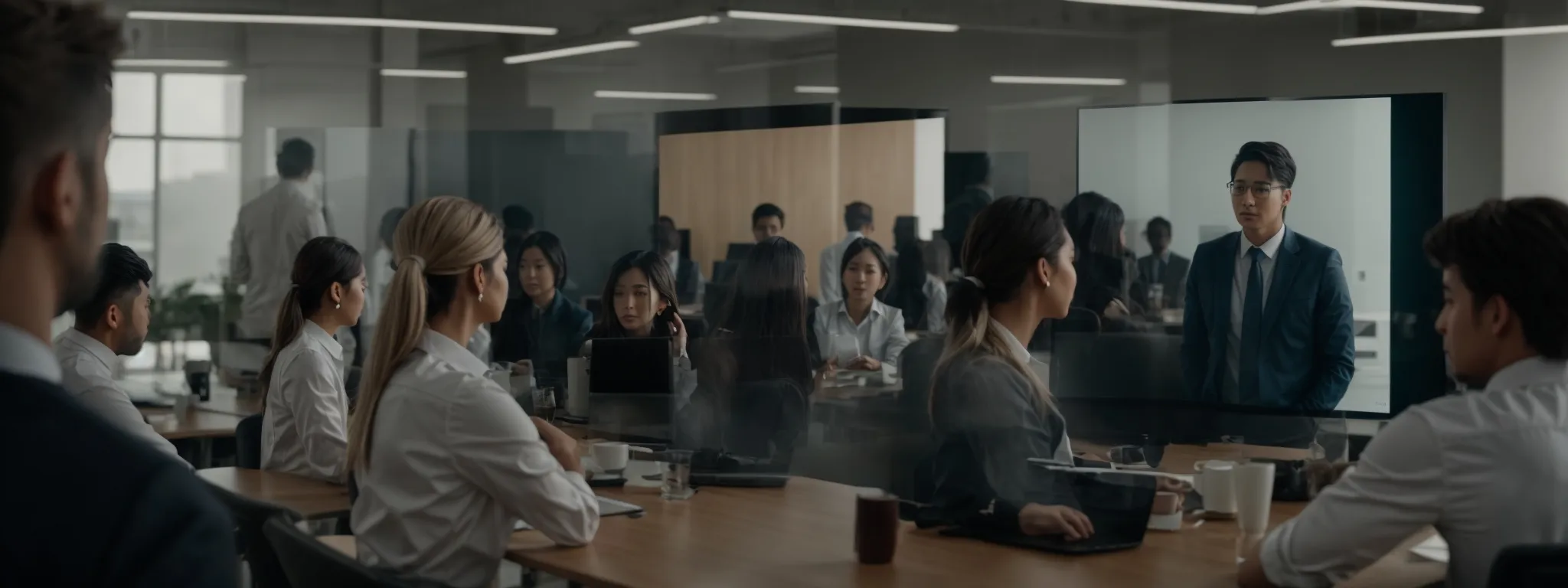 a marketer presents a privacy-themed campaign on a screen to a group in a modern office, reflecting the shift to consent-based strategies.