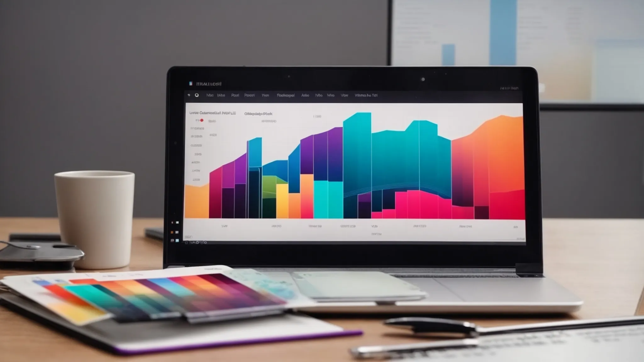 an open laptop displaying colorful graphs on the screen beside a notepad with a pen on top.
