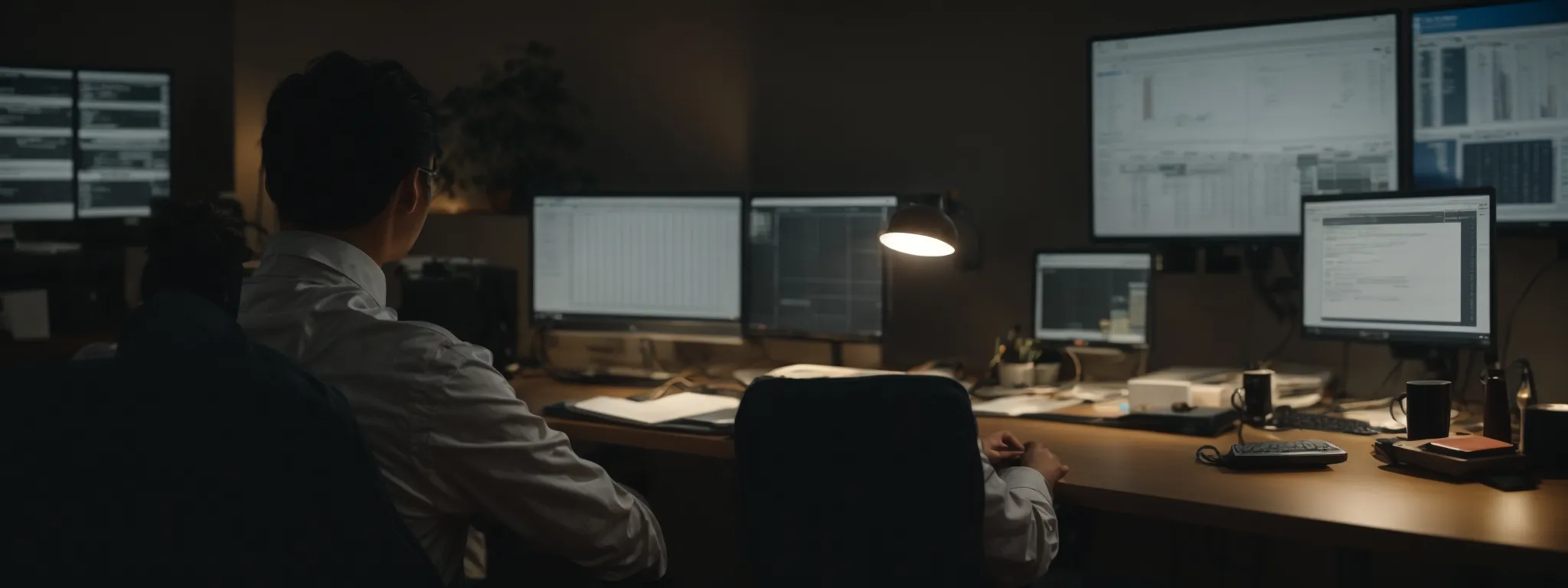 a person sitting at a computer in a well-lit room, strategizing on seo while scrutinizing analytics on the screen.