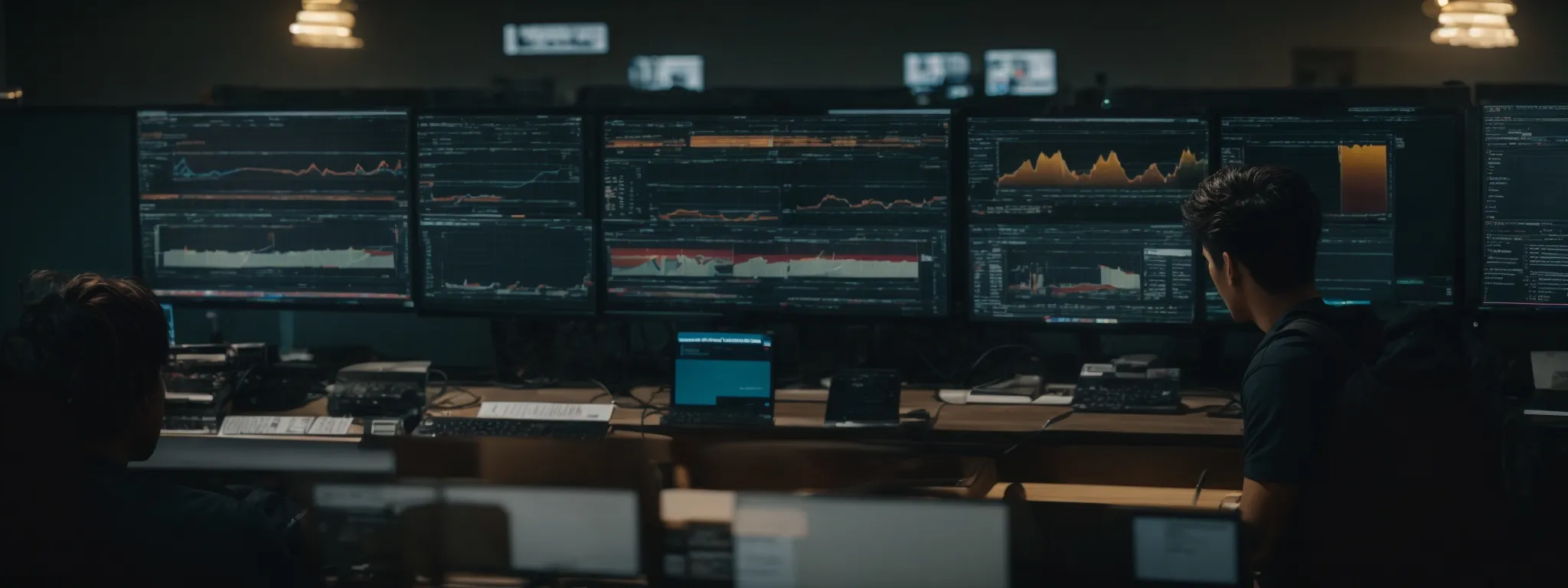 a person sits before multiple computer screens, each displaying different website dashboards.