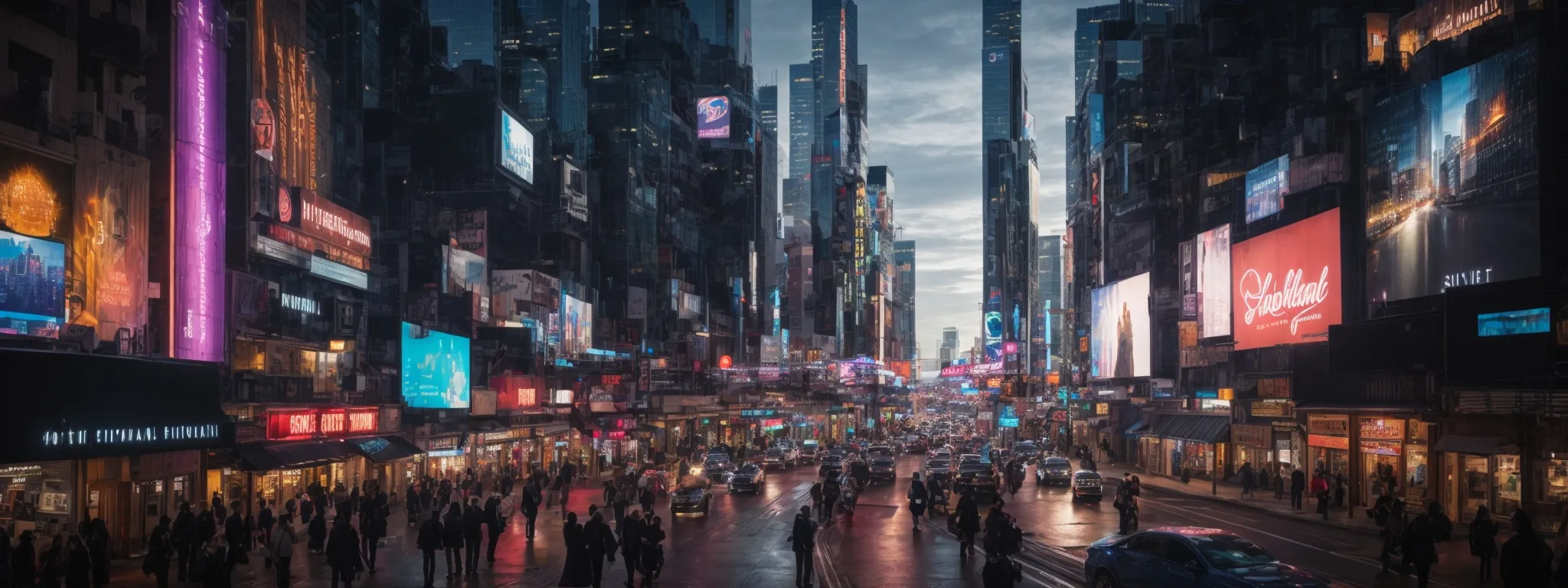 a glowing billboard at the heart of a bustling digital cityscape, symbolizing the dominance of a brand in the online world.
