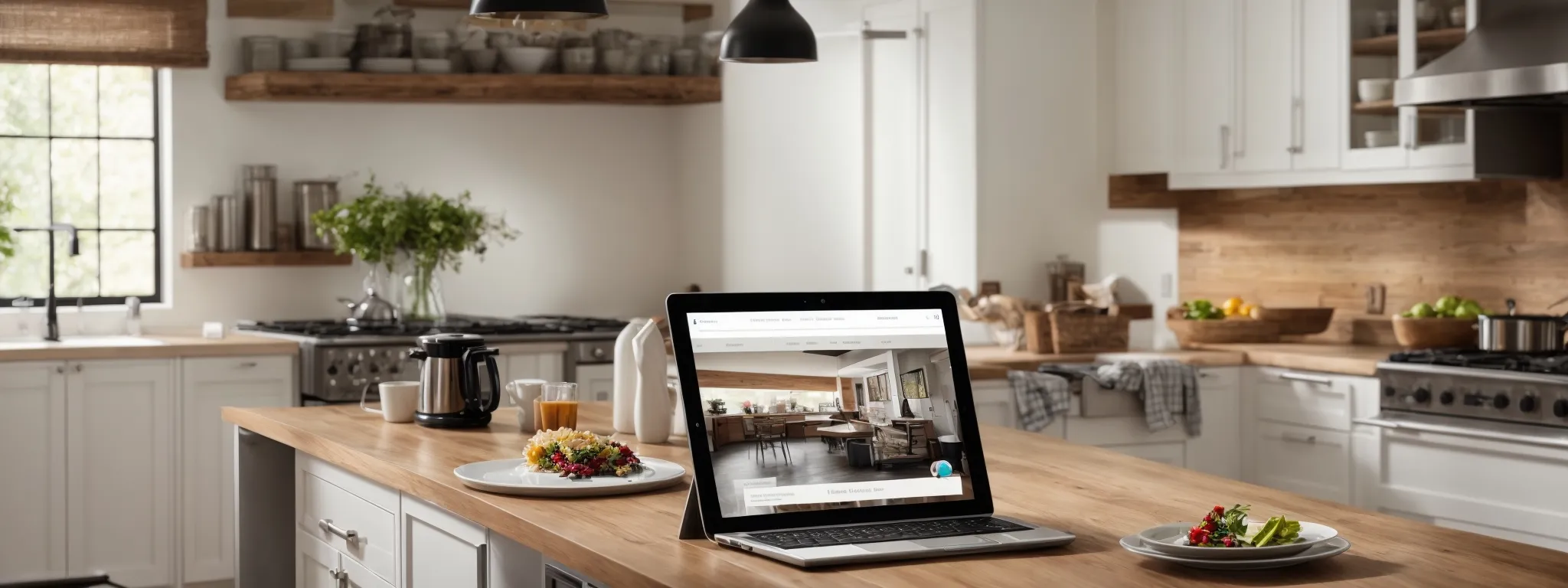 a modern kitchen with neatly arranged countertops and a computer tablet displaying a website with a user-friendly interface.
