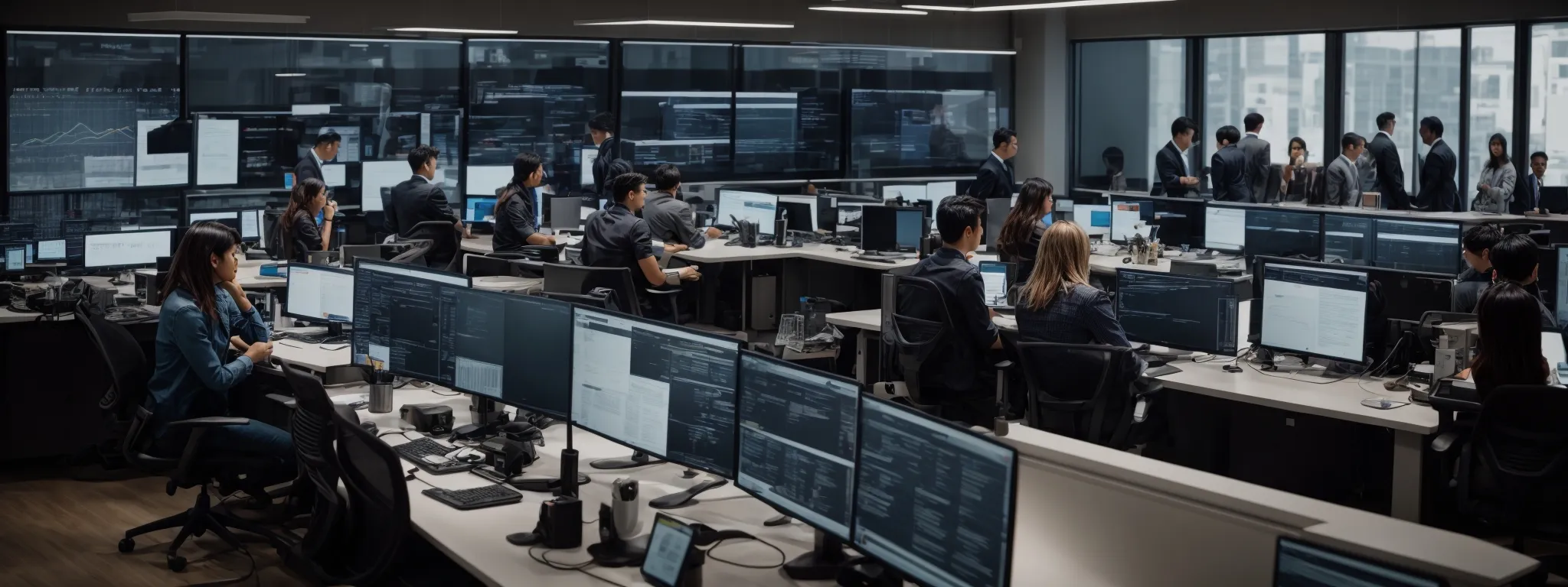 a bustling digital marketing office with large monitors displaying data analytics and team members engaged in strategy meetings.