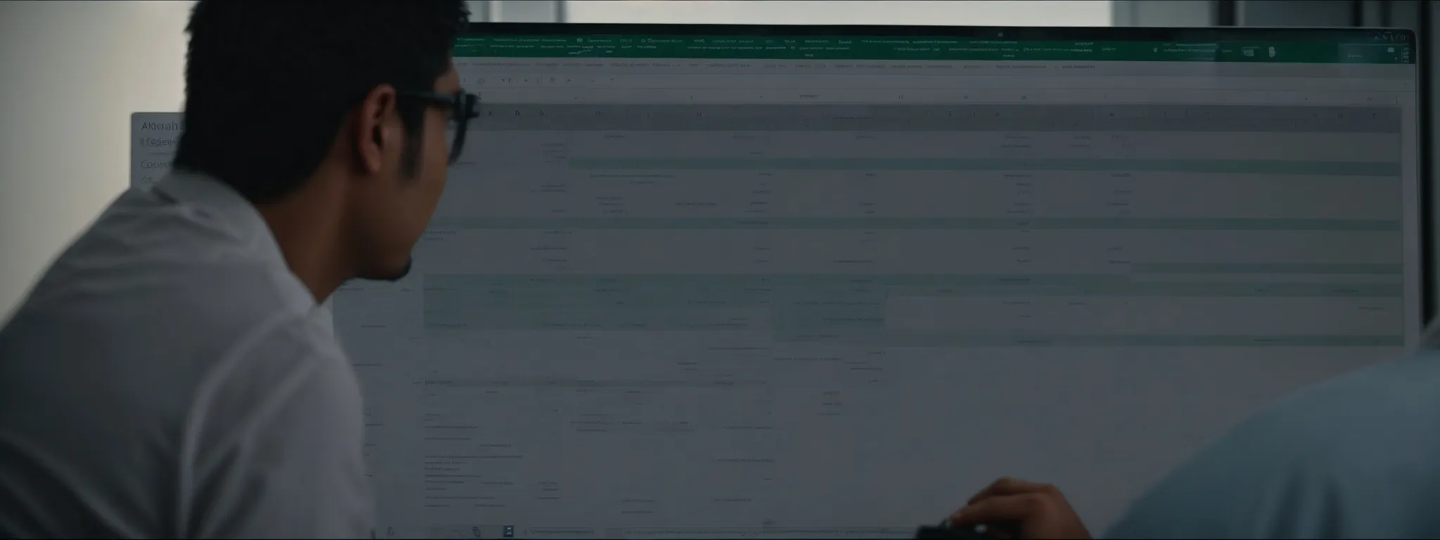 a person intently analyzing and organizing urls on an excel spreadsheet on a computer screen.
