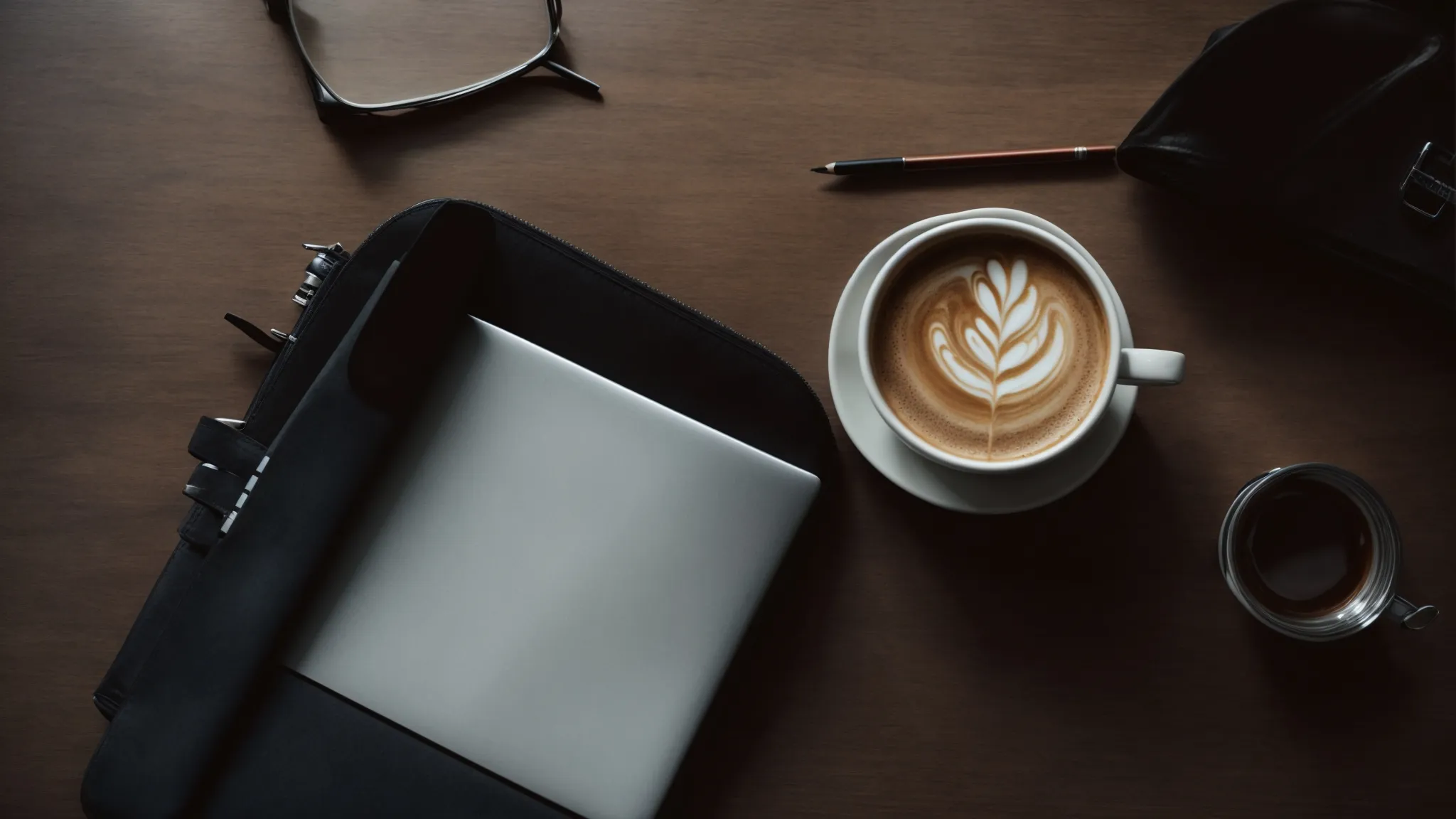 a laptop with an open notebook on a desk beside a cup of coffee and a pencil.
