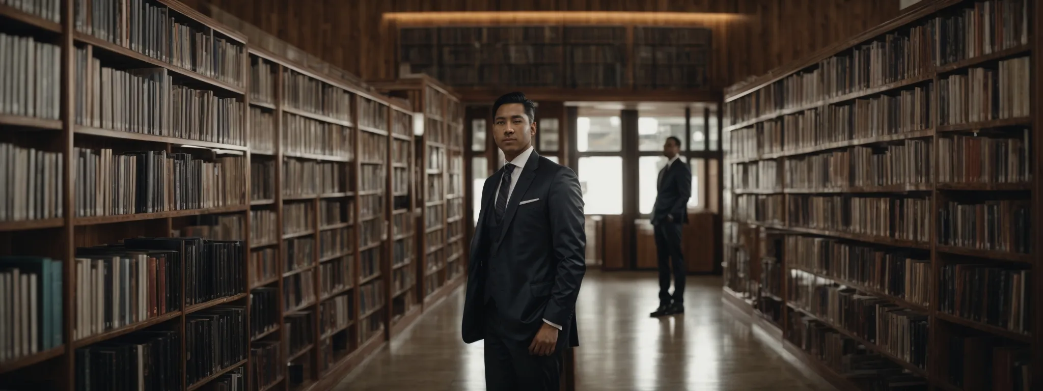a confident business person stands before an expansive library, symbolizing the depth and authority of well-crafted content.