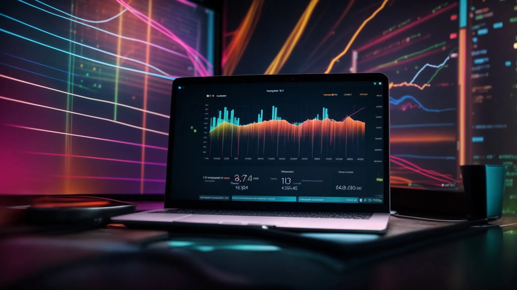a laptop displaying colorful charts and metrics on its screen, with an abstract representation of speed and performance.