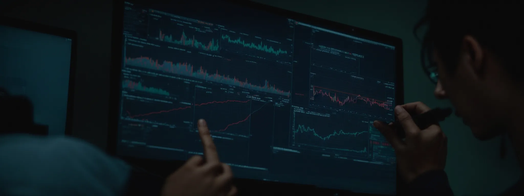 a marketer analyzing data on a computer screen showing various website domains and link connections.