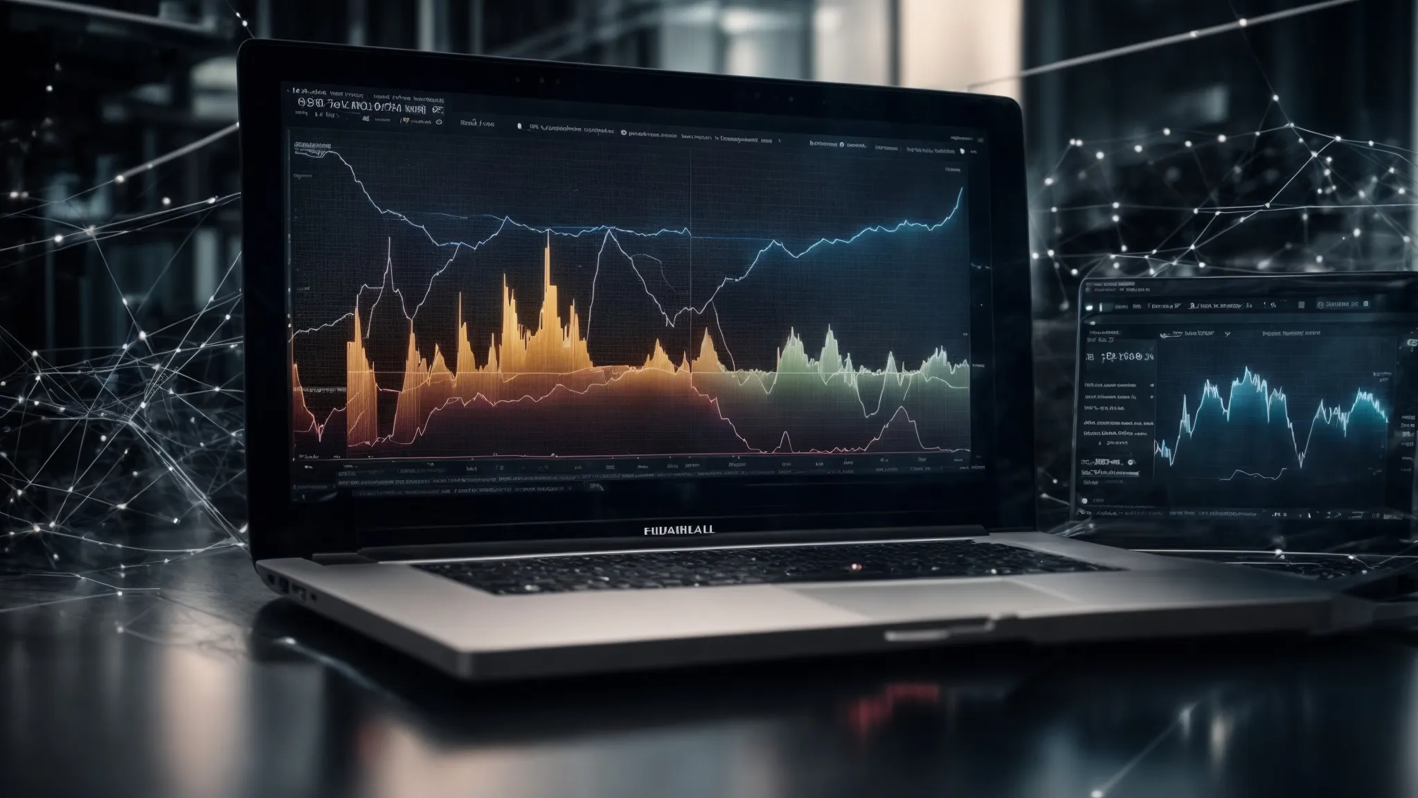 a computer displaying seo analytics graphs with a background of web-like network structures.