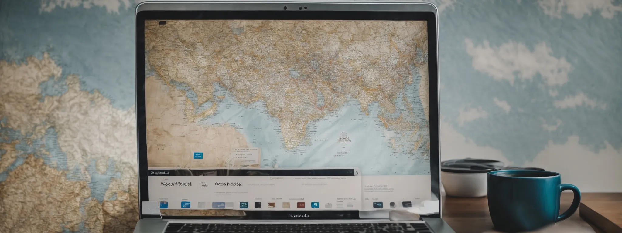 a laptop with a search engine on the screen placed on a desk surrounded by marketing strategy papers and a world map.