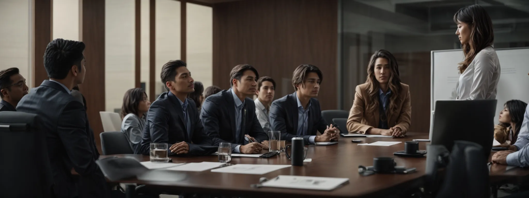 a group of attentive professionals gather around a conference table engaging with a presentation on seo trends.