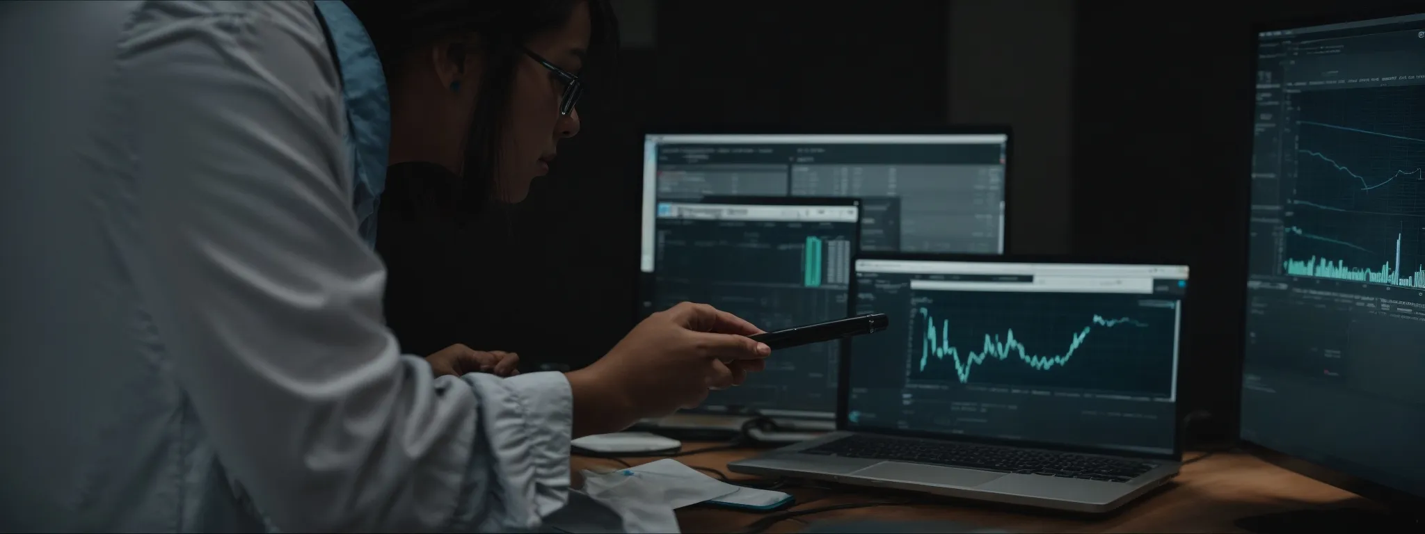 a marketer analyzes graphs on a computer screen, demonstrating the relationship between paid search and seo results.