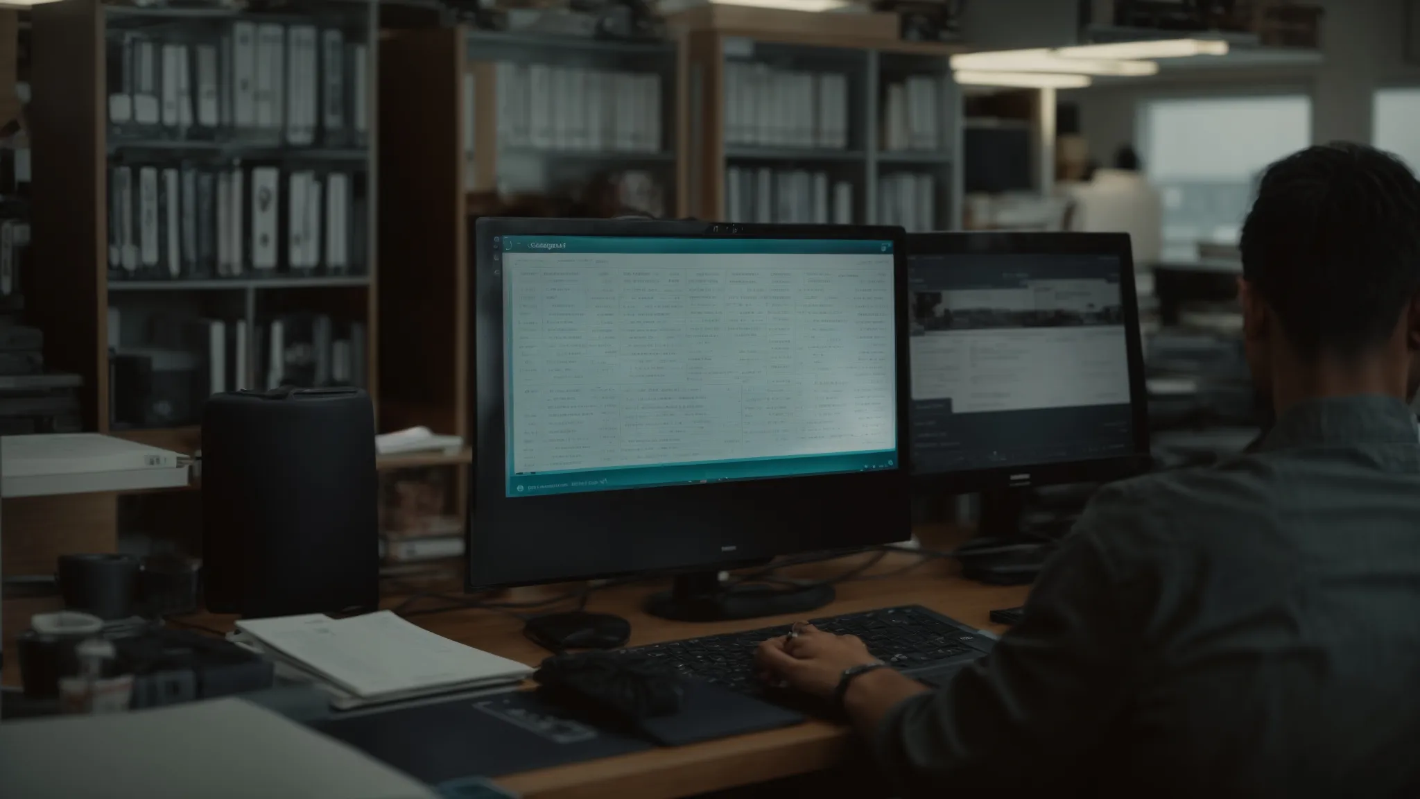 a person reviewing a checklist on a computer screen in a well-organized workspace.