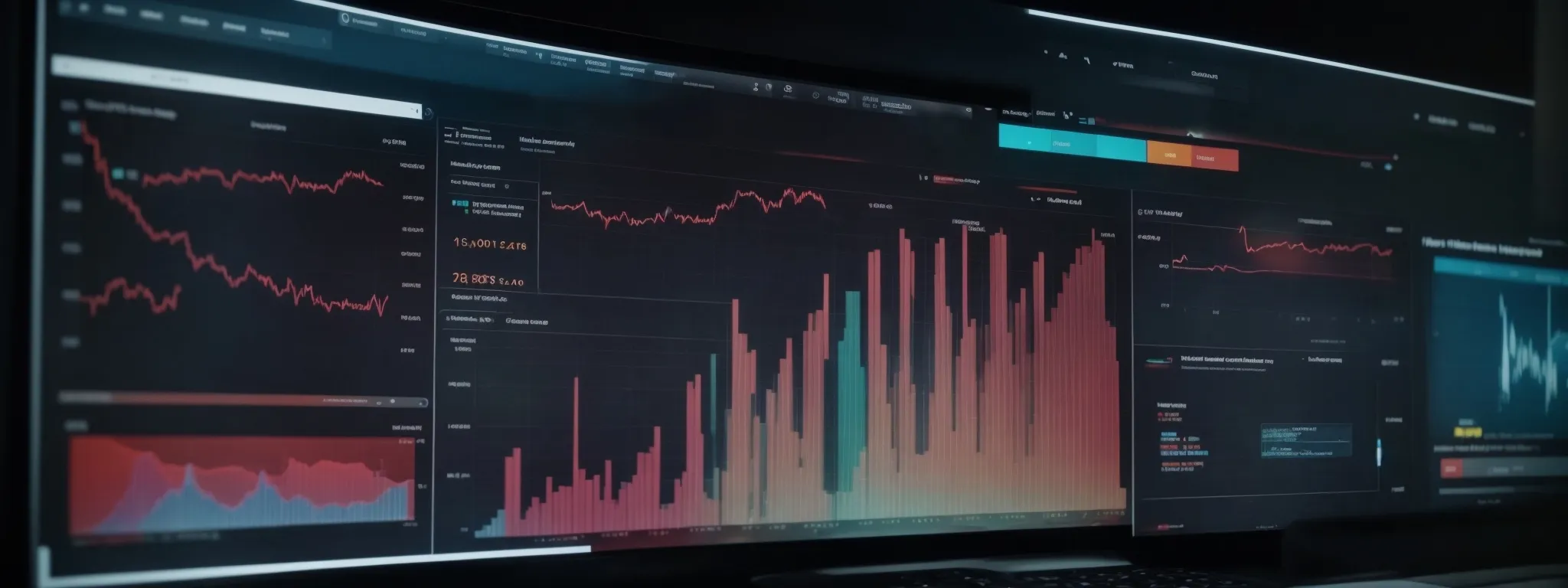 a computer screen displays a colorful data analytics dashboard with charts while a video is paused in the background.